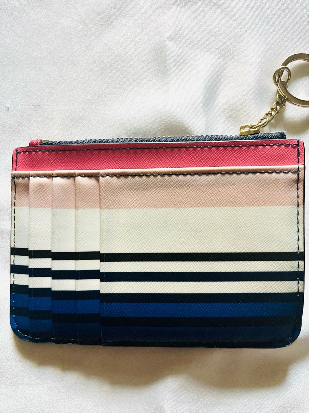 Kate Spade New York Striped Saffiano Cardholder Coin Purse Key Ring - Picture 3 of 7